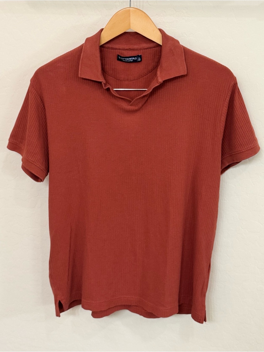 Cottonworld Organic Cotton Ribbed Polo Shirt Salmon Clay Rust Size L (42)